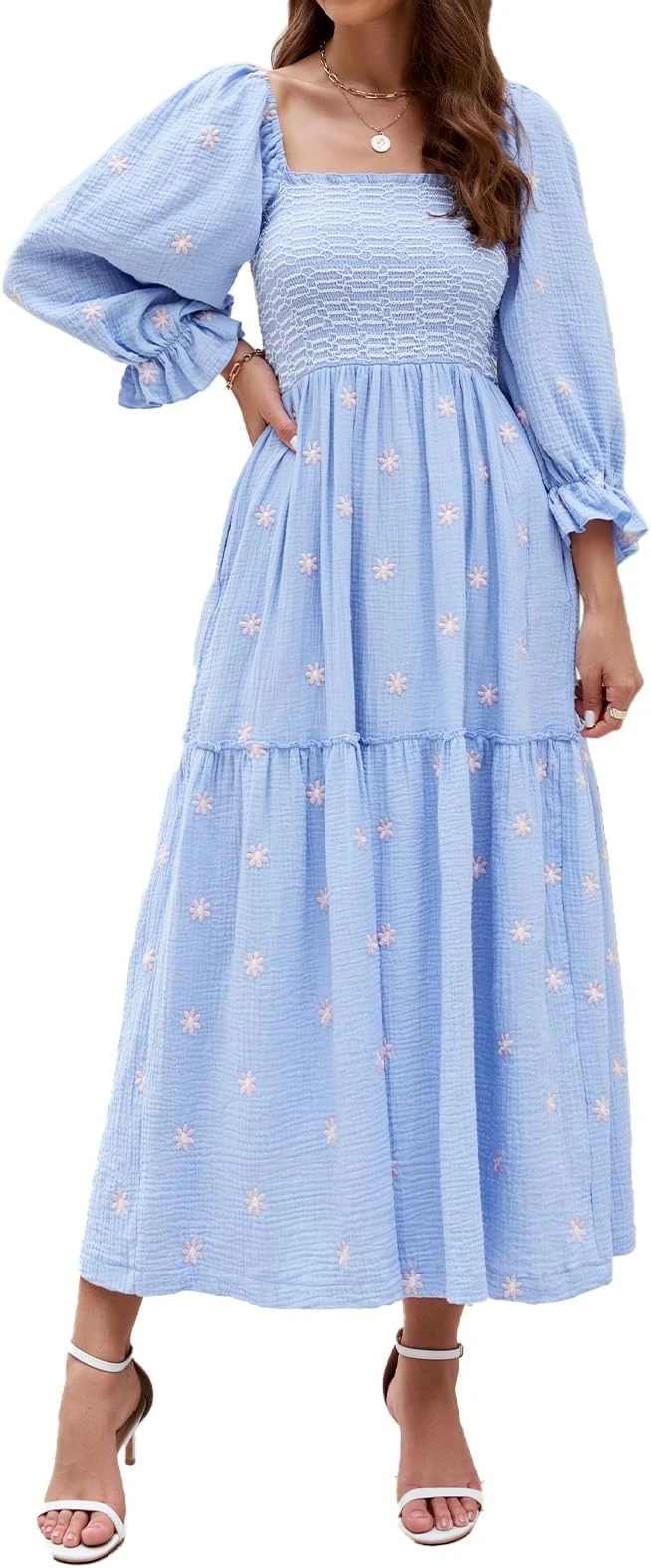 فستان ماكسي مطرز بالزهور للنساء من ابيوفرت، فستان بأكمام طويلة منفوخة ورقبة مربع