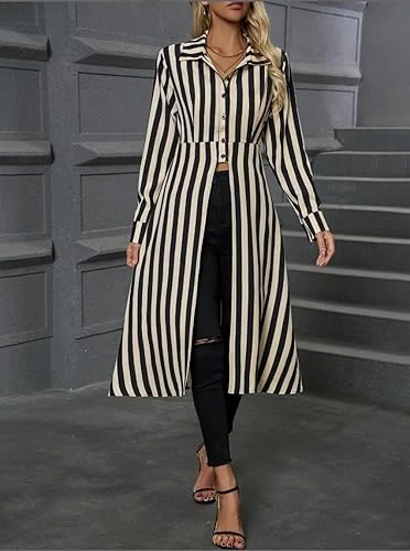 فستان نسائي طويل مخطط بخطوط عمودية وياقة بازرار امامية متعدد الاستخدامات للارتدا