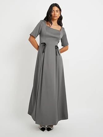 فستان ماكسي بقصة ايه لاين سادة برقبة مربعة مزين بفيونكة للنساء من ستايلي