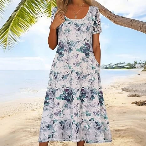 فستان صيفي باكمام قصيرة وطباعة مصبوغة بالربط للنساء مع جيوب