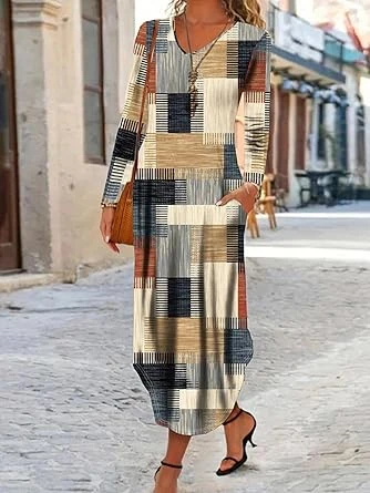 فستان نسائي طويل الأكمام بياقة على شكل حرف V مناسب لفصلي الخريف والشتاء، مزين بط