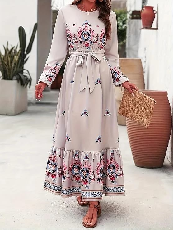 فستان ماكسي كاجوال بأكمام طويلة وقبة V بطبعة زهور للنساء من الخريف