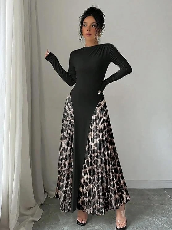 فستان ماكسي بطبعة جلد الفهد للنساء - فستان متوسط الطول بكسرات واكمام طويلة للنسا