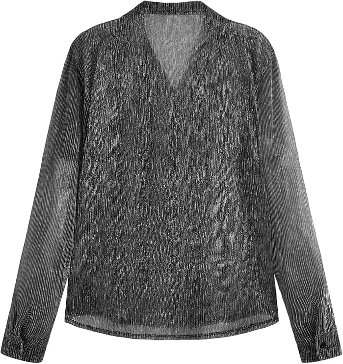 قميص رجالي لامع بازرار سفلية واكمام طويلة للحفلات والنوادي