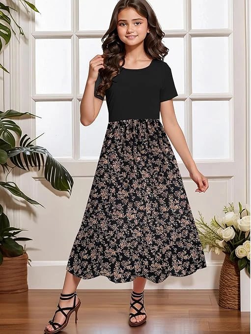 فساتين للبنات برقبة دائرية ضيقة واكمام قصيرة وطبعة زهور لحفلات العطلات من كاسوا 