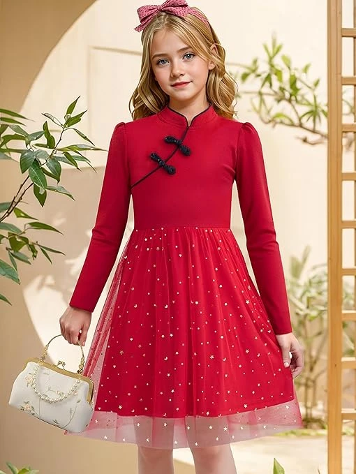 فستان للبنات بقبة مرتفعة وأكمام طويلة، من قماش شبكي مطرز، تصميم كاجوال فضفاض، من