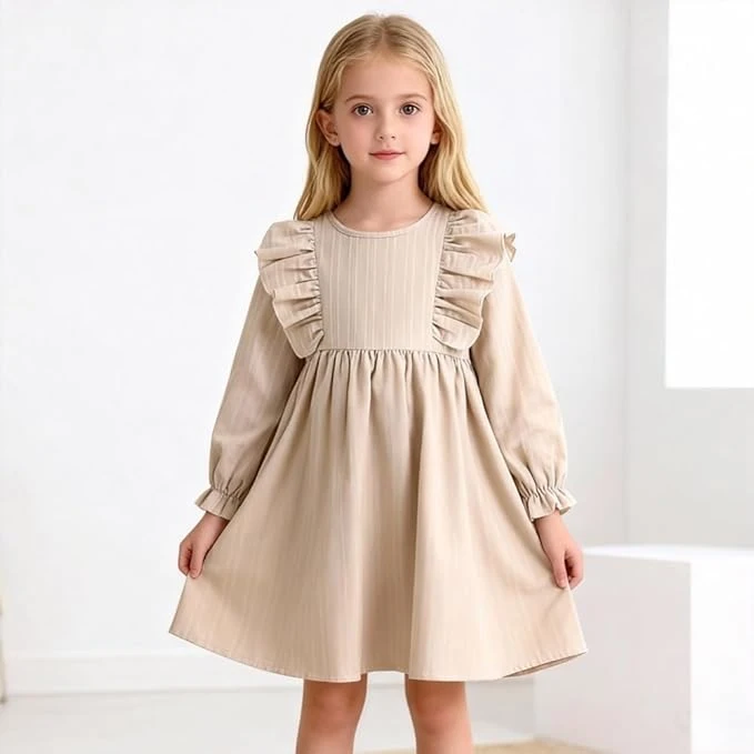 فستان للبنات الصغيرات بأكمام طويلة مكشكشة وتصميم كاجوال سادة لملابس الربيع والخر
