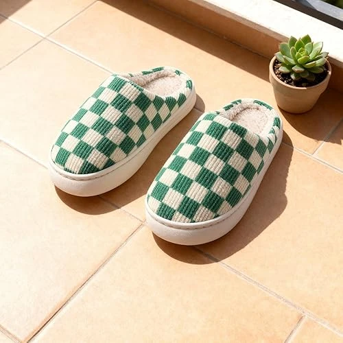 شبشب منزلي للنساء والرجال، شبشب زغبي لغرفة النوم بتصميم مربعات غير قابل للانزلاق