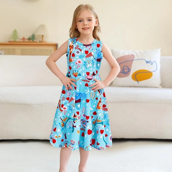 فستان صيفي للبنات الصغيرات كاجوال بدون أكمام للدوران، متوسط الطول ( ميدي )