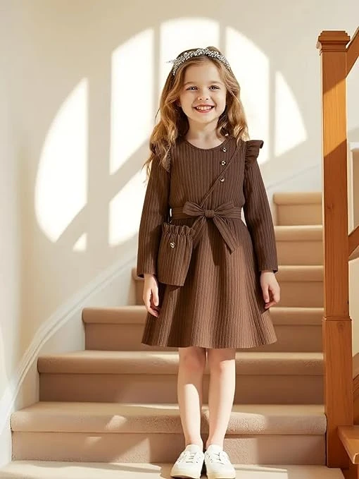 فستان للبنات مع شنطة مطابقة، بني