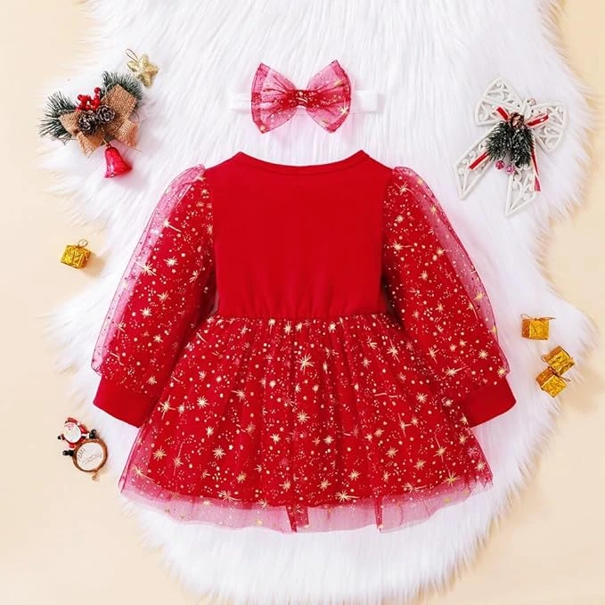 فستان عيد الميلاد للفتيات الصغيرات بأكمام طويلة مطبوع عليه حروف ونجمة من التول م