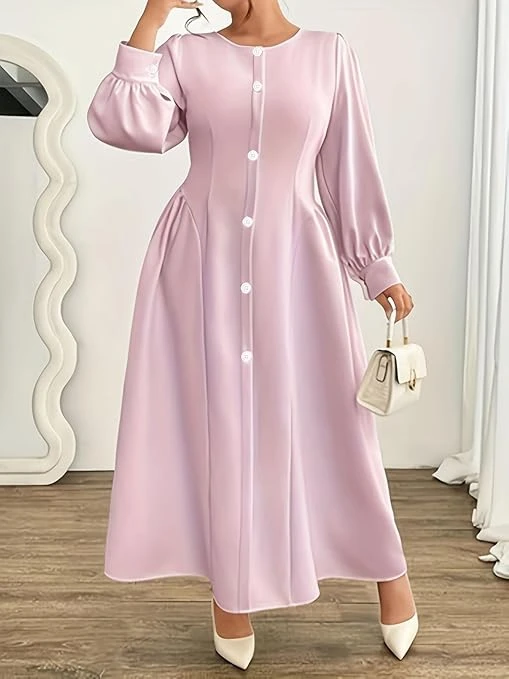 فستان ماكسي بقصة ايه لاين أنيق بتصميم بسيط وقبة دائرية وأزرار سفلية وأكمام طويلة