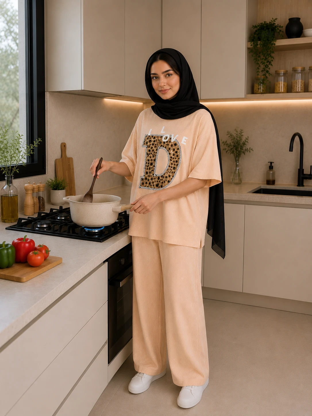 بيجامه منزليه مريحه وانيقه تيشيرت مخطط وبنطلون واسع بخصر مطاطي