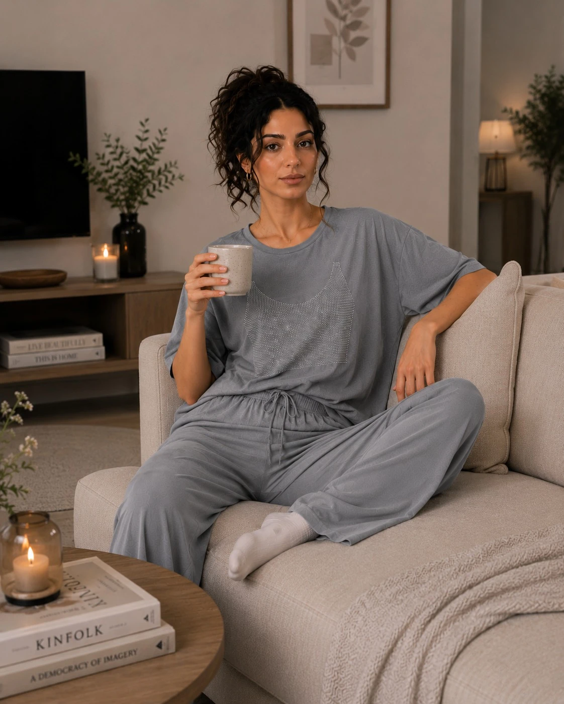 طقم نسائي مريح تيشيرت واسع بأكمام قصيرة بنطلون  بخصر مطاطي