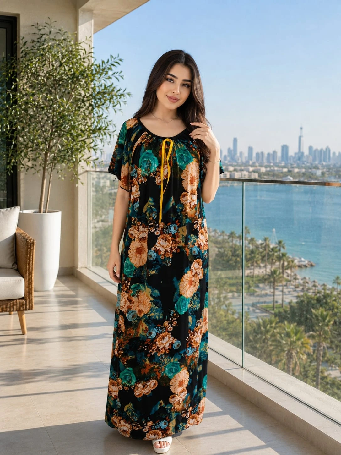 قميص نسائي طويل بنقشة شرقية فاخرة – أناقة مميزة لإطلالة منزلية راقية