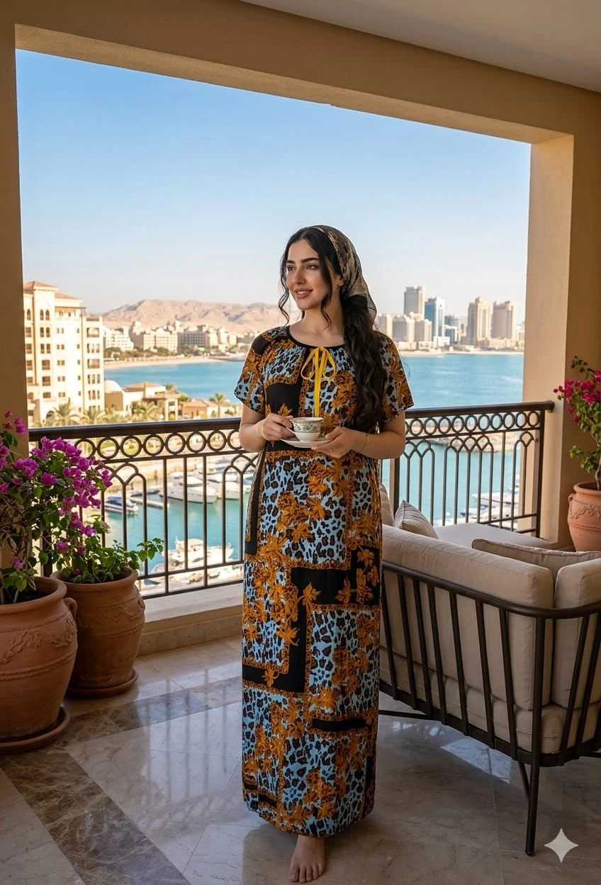 قميص نسائي طويل بنقشة شرقية فاخرة – أناقة مميزة لإطلالة منزلية راقية
