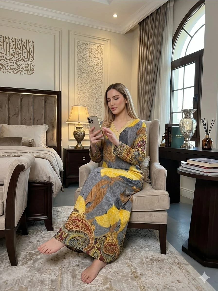 قميص نسائي طويل بنقشة شرقية فاخرة – أناقة مميزة لإطلالة منزلية راقية