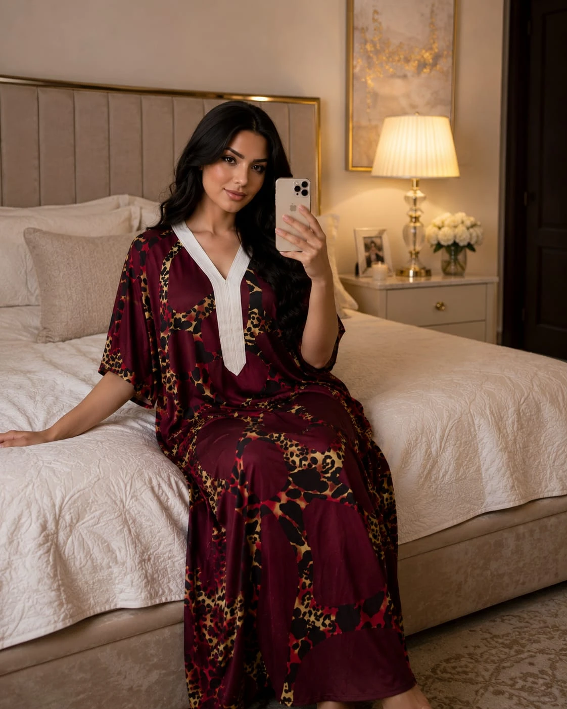 قميص نسائي طويل بنقشة شرقية فاخرة – أناقة مميزة لإطلالة منزلية راقية