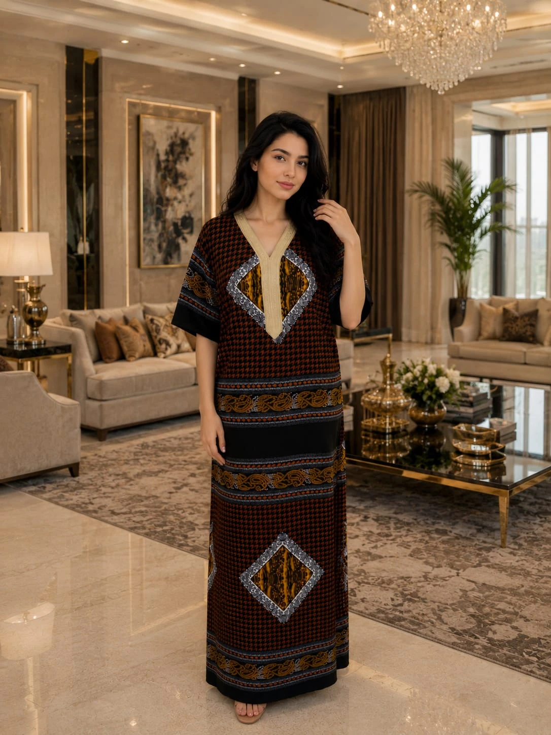 قميص نسائي طويل بنقشة شرقية فاخرة – أناقة مميزة لإطلالة منزلية راقية