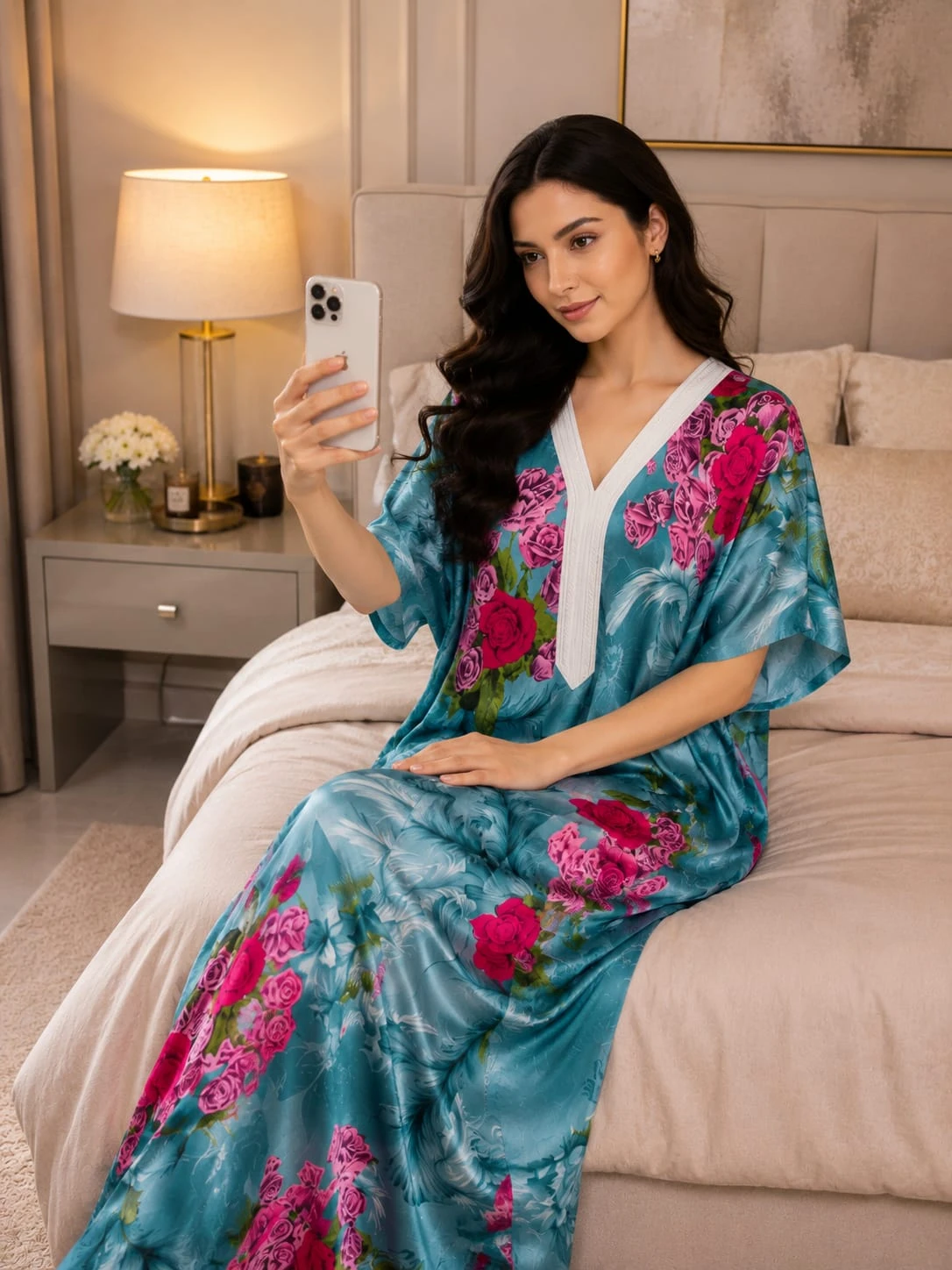 قميص نسائي منزلي طويل بطابع شرقي أنيق لبانة قيطان مغربي